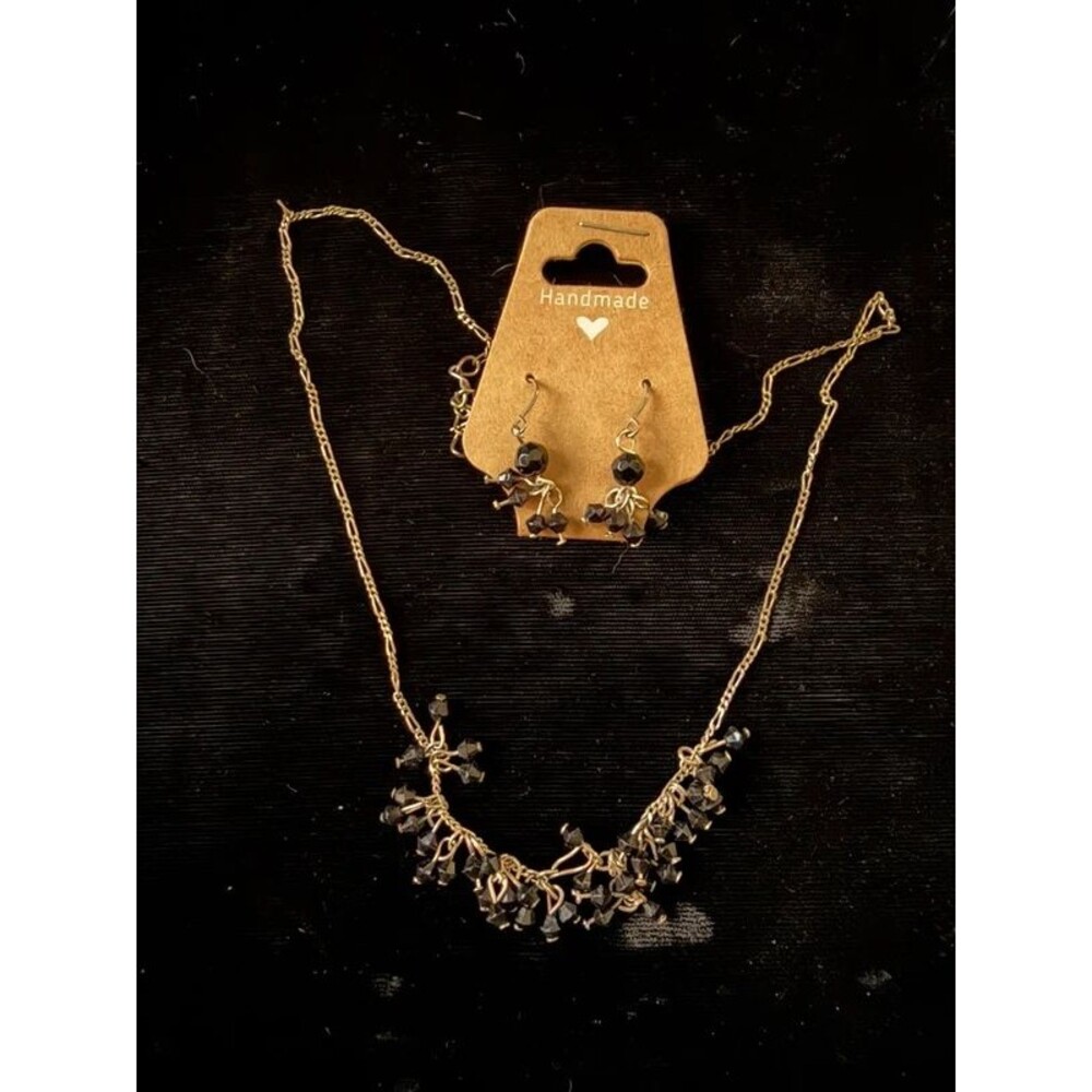 Handmade Black Crystal Cluster Necklace & Earrings Set - Beaded Fringe